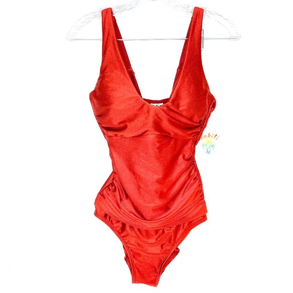 Tahiti Other - Tahiti Red Shiny Ruched One Piece Swimsuit S NWT
